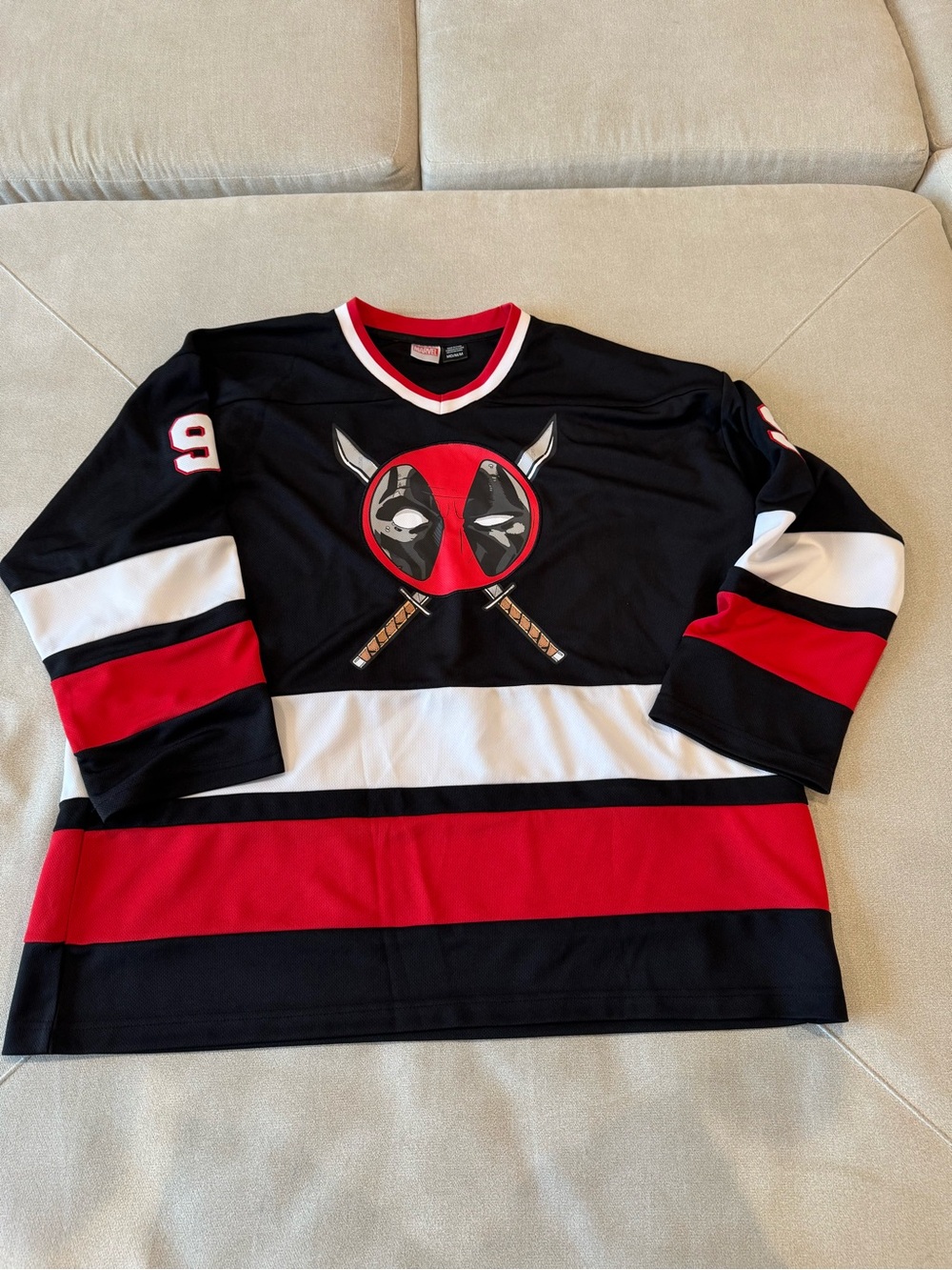 Marvel Men’s Black, Red & White Hockey Jersey with Deadpool Logo